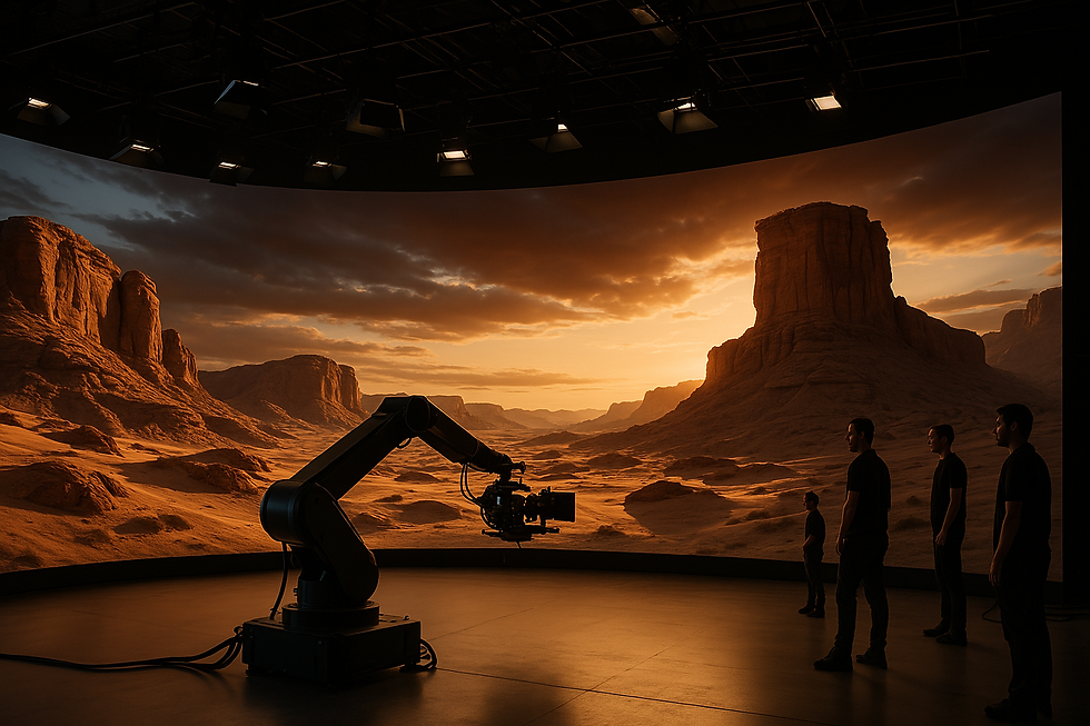 A virtual production studio with a large curved LED wall displaying a photorealistic desert canyon at sunset. A robotic camera arm is positioned in the center of the stage, aimed at the scene. Four crew members dressed in black stand off to the side, observing the setup under overhead studio lighting.
