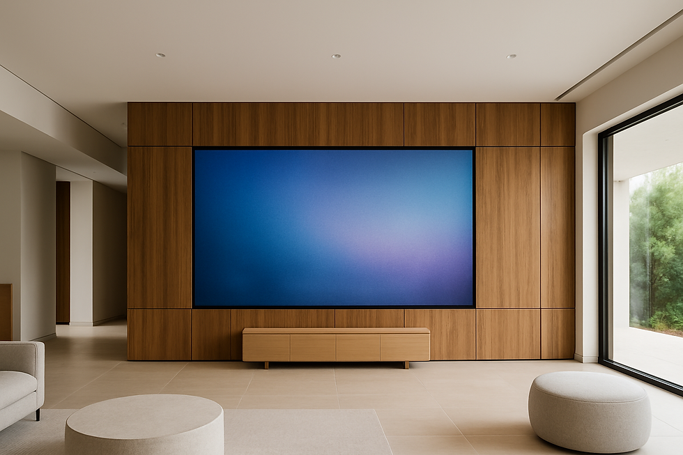 Minimalist living room with a large blue screen on a wooden wall, beige furniture, and a round ottoman. Bright natural light enters through a window.