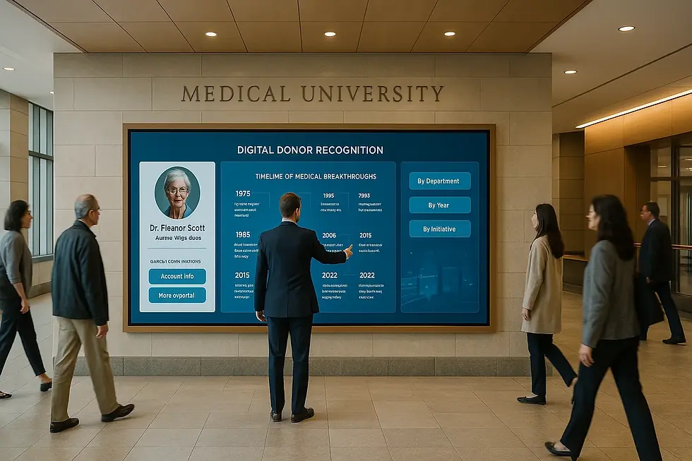 People walk past and interact with a large digital donor recognition display at a medical university. The LED screen features a profile of Dr. Eleanor Scott alongside a timeline of medical breakthroughs and filter options such as "By Department," "By Year," and "By Initiative." The installation is integrated into a stone wall in a modern academic building.