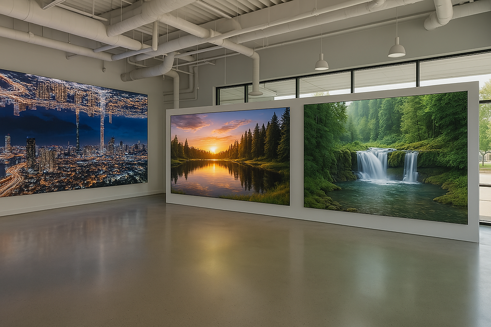 A modern showroom with polished concrete floors and white ceiling pipes, showcasing three large LED displays mounted on the walls. The displays feature high-resolution images: a nighttime cityscape, a tranquil forest lake at sunset, and a lush green waterfall scene. Natural light enters through tall windows, enhancing the vibrant imagery.