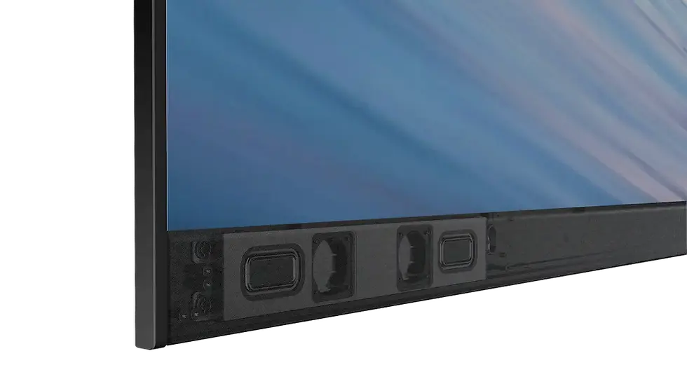 Close-up of Akari One LED display showing built-in speakers along the bottom edge of the screen.