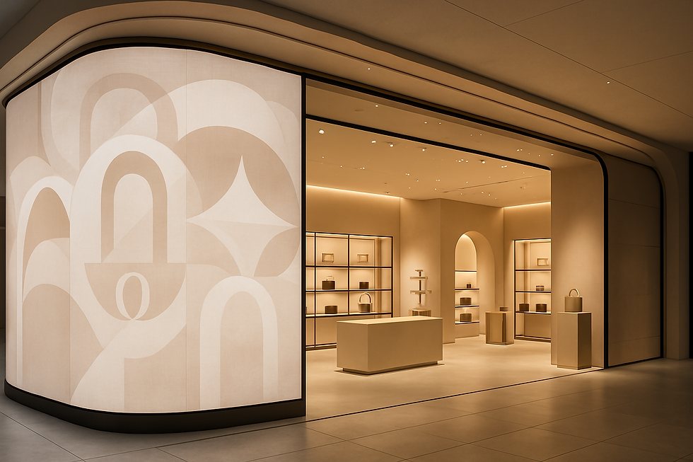 A high-end retail boutique with a minimalist and luxurious interior design. The entrance features a curved LED wall with abstract geometric patterns in soft beige tones. Inside, the store is softly lit and elegantly arranged with product displays on sleek shelves and pedestals, showcasing handbags and accessories.