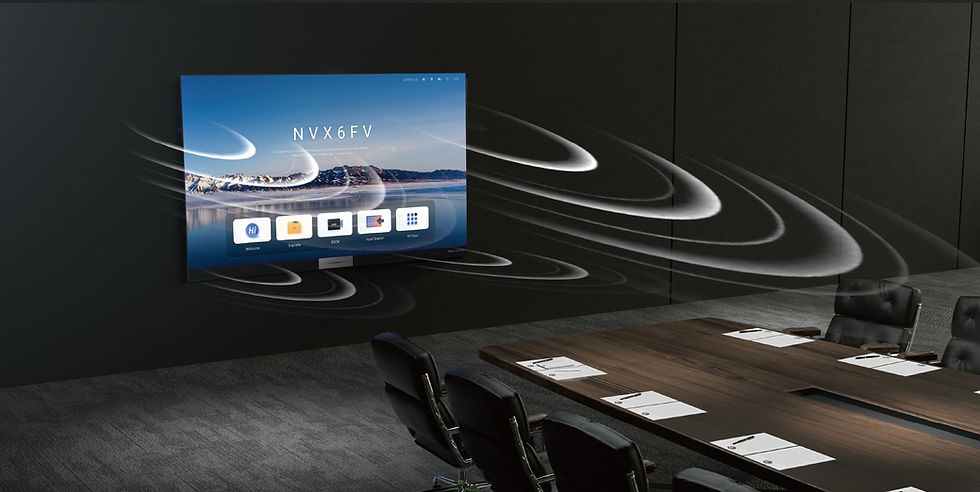 Akari One LED display in conference room with visual sound waves showing built-in speaker output.