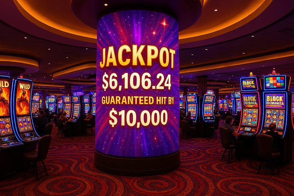 Circular LED column in the center of a casino floor displaying a jackpot message reading “JACKPOT $6,106.24 GUARANTEED HIT BY $10,000” against a vibrant purple background. Slot machines and players surround the display in a dimly lit, colorful gaming area.