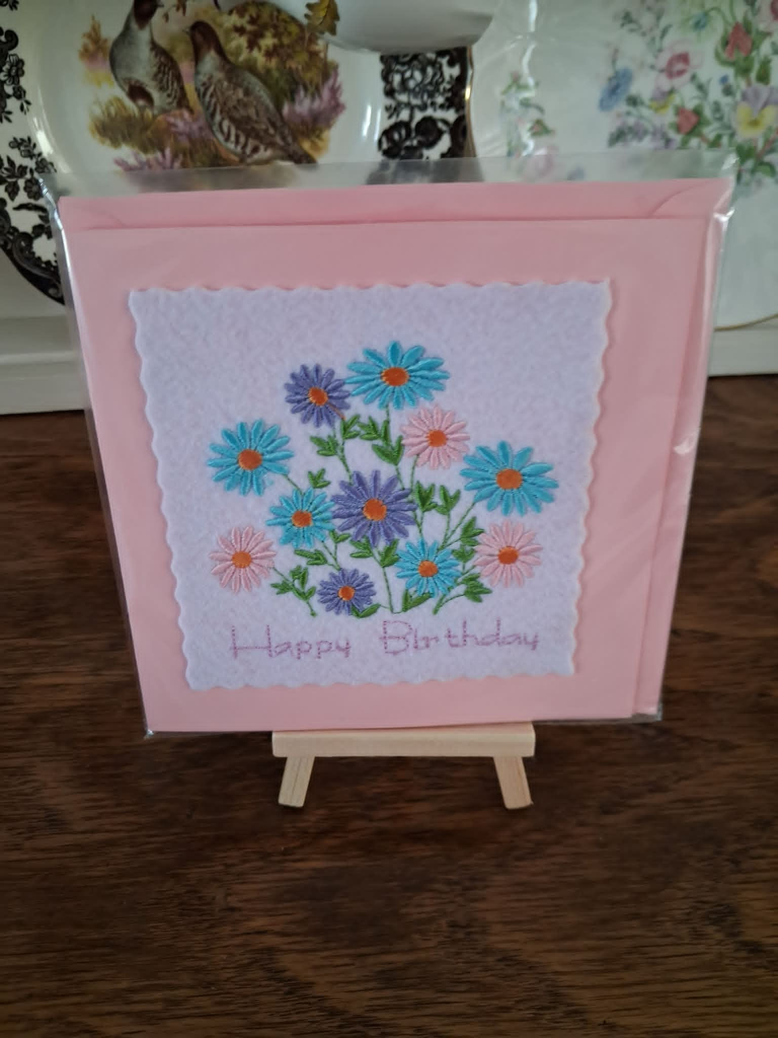 Handmade Machine Embroidered Birthday Card 6 x 6 inches pink card