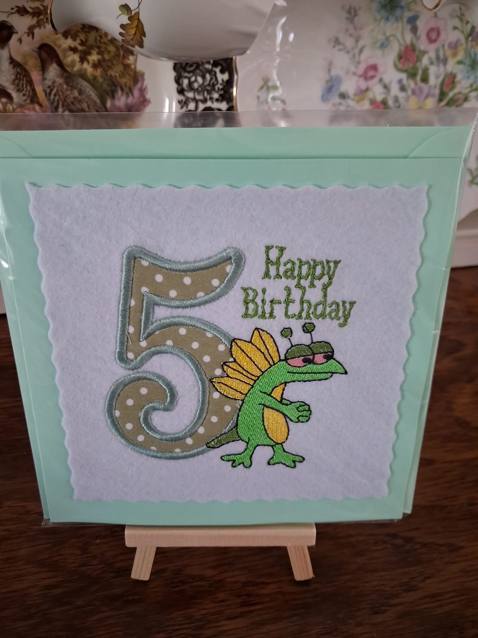 Handmade machine Embroidered 5th Birthday Card 6 x 6 inches