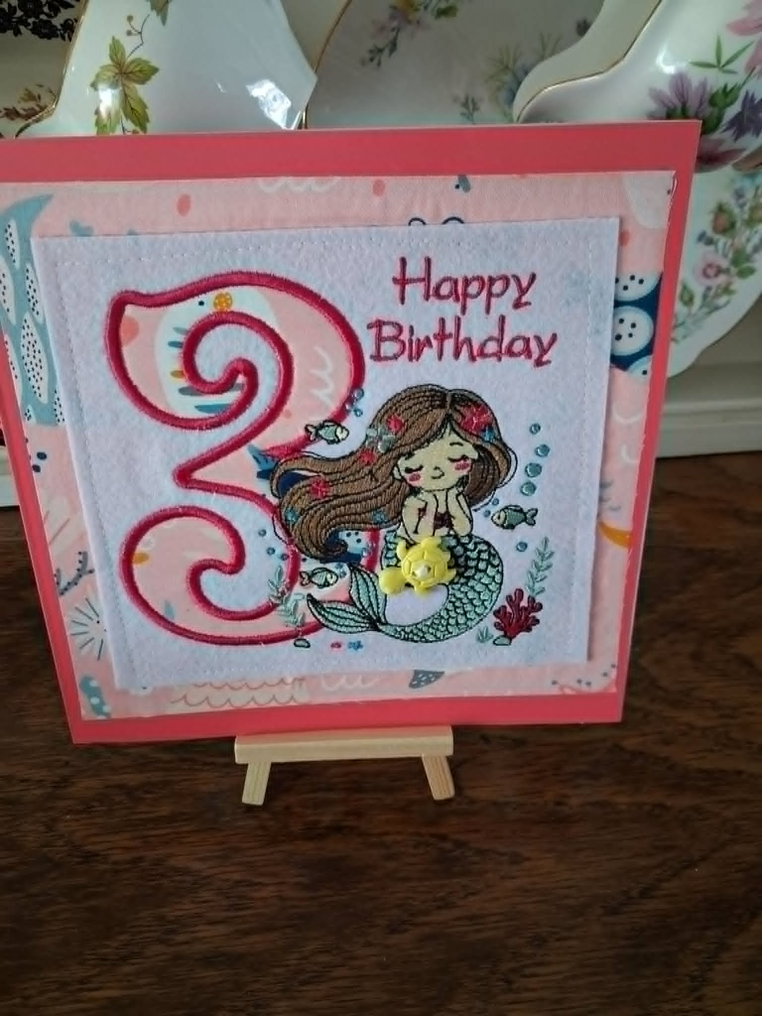 Handmade Embroidered 3 Birthday Card 8 x 8 inches