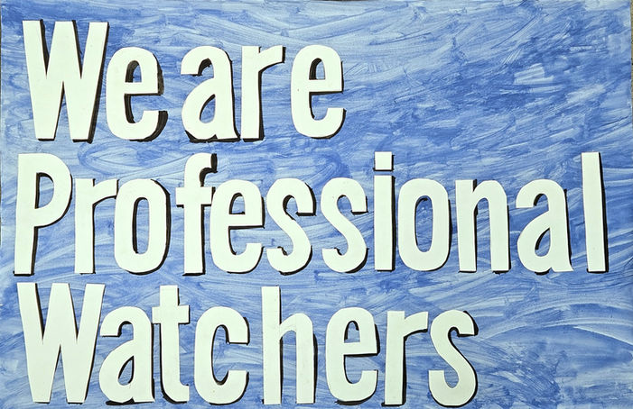 Illustration of white cut out letters on a blue background saying "We are Professional Watchers"