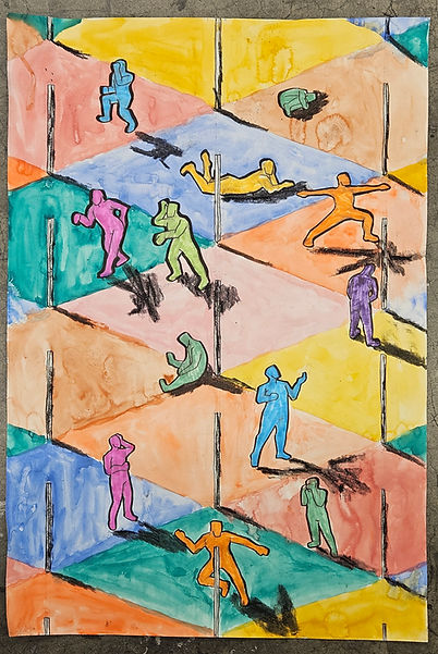 an illustration of isometrically arranged rooms with invisible walls deviding people doing personal activities and acts.