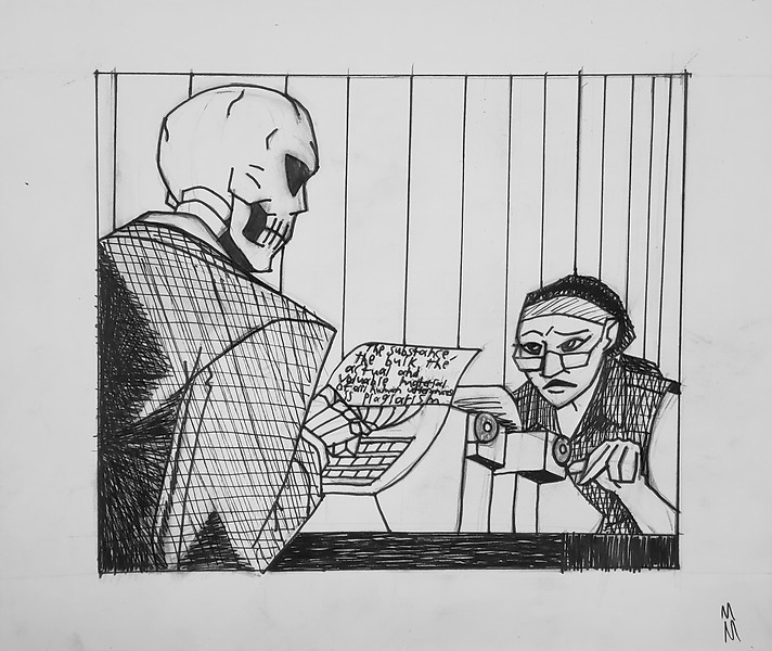A pen and ink illustration of a skeleton and a female writer both on typewriteres staring at eachother.