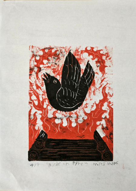 Print of a bird falling into a burning pyre