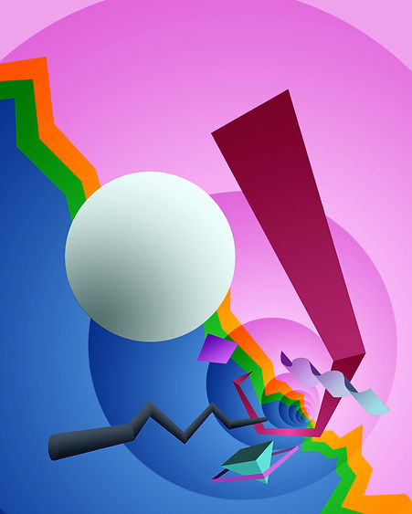 An abstract poster depicting flying geometry in a colorful tube.