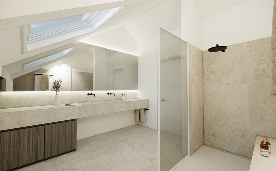 Interieurarchitect Adriaens - badkamerinrichting - renovatie - inloopdouche - maatwerk - hellend dak - West-Vlaanderen - Langemark