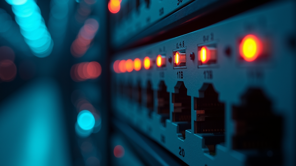 Close-up view of a network switch with blinking lights in a data center