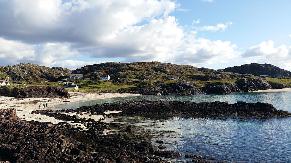 Rocky seaside bay with small beach, a few people walking, white houses on green hills, and a bright cloudy sky. NC 500 Route - Scotland's Route 66