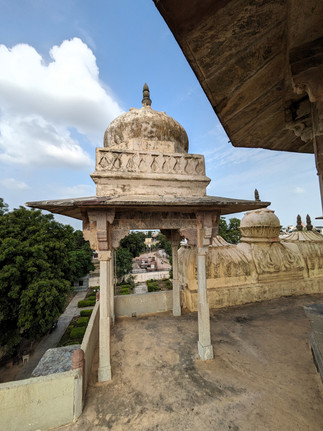 84 Pillered Cenotaph. View from the top of the cenotaph, with a small pavillion in the foreground, making it one of the attractions you should visit in Bundi, India