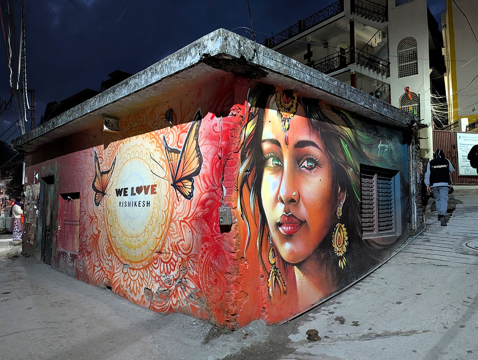 Vibrant mural on building corner in Rishikesh; features woman's face, butterflies, and "WE LOVE RISHIKESH." Night setting; person walking. The street art murals of Rishikesh.