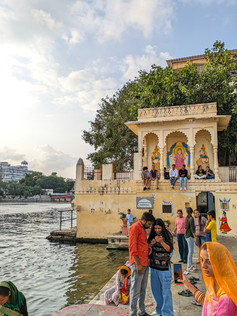 Sand coloured wall and small pavillion at Gangour Ghat, making it one of the attractions you should visit in Udaipur, India