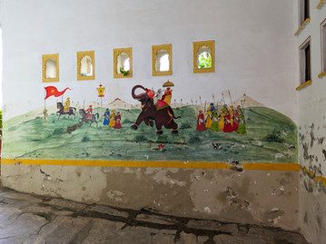 Dev Niwas hotel. Frescoe of a marching army with an elephant, making it one of the attractions you should visit in Bundi, India