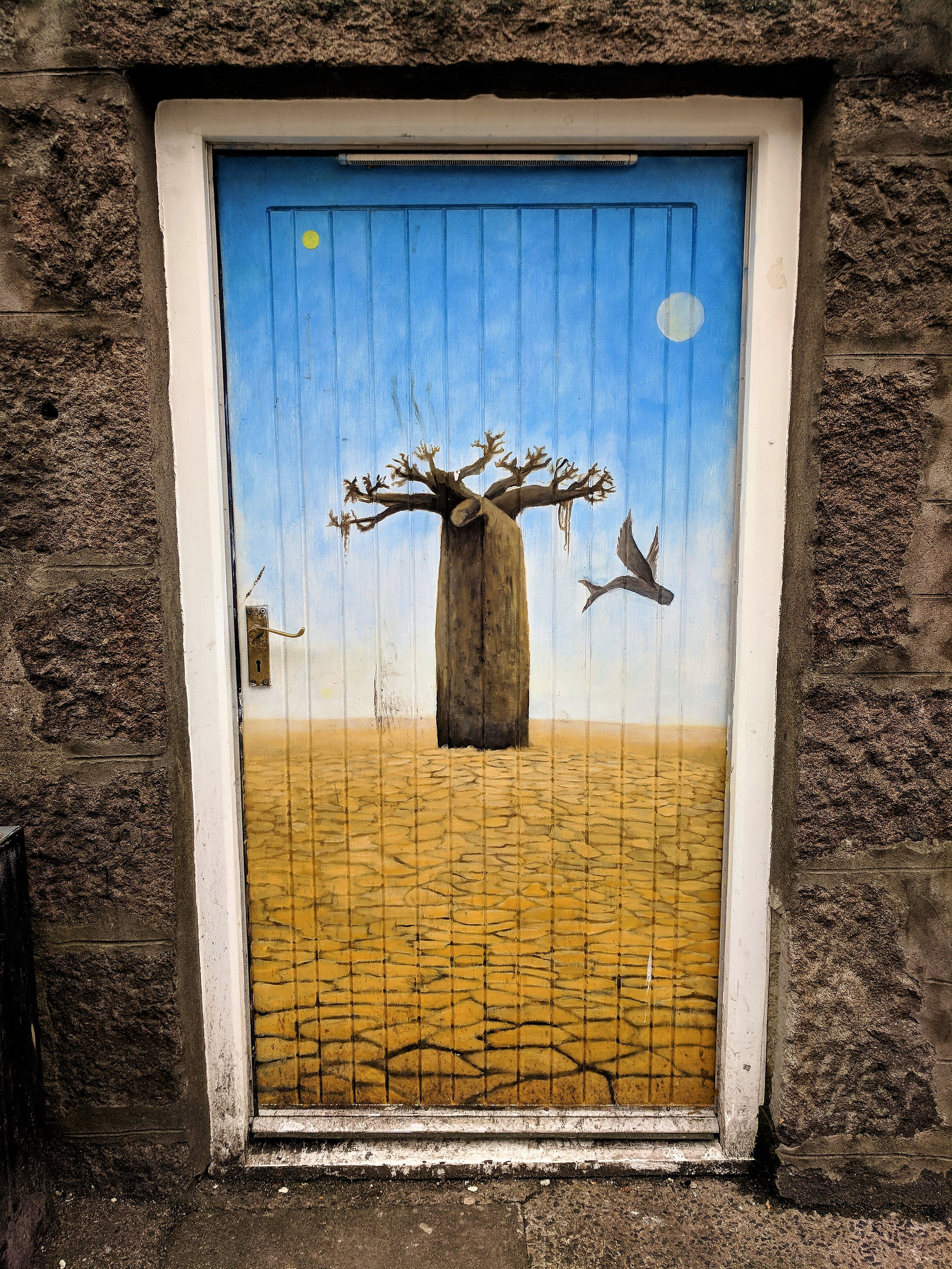 One of the Aberdeen street art murals on a door.