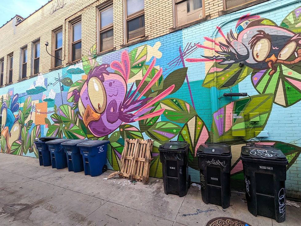 Street art wall mural of colourful birds in an alleyway, with street art being a interesting part of Ann Arbor sightseeing during a family day out in Ann Arbor