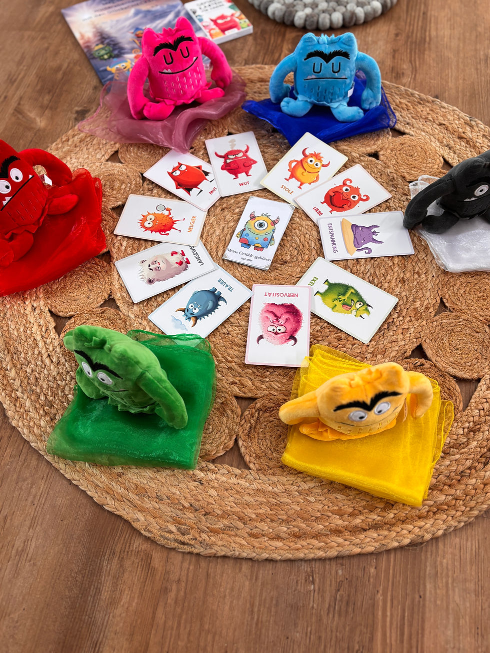 Eye-level view of a cozy yoga room with colorful mats laid out for children
