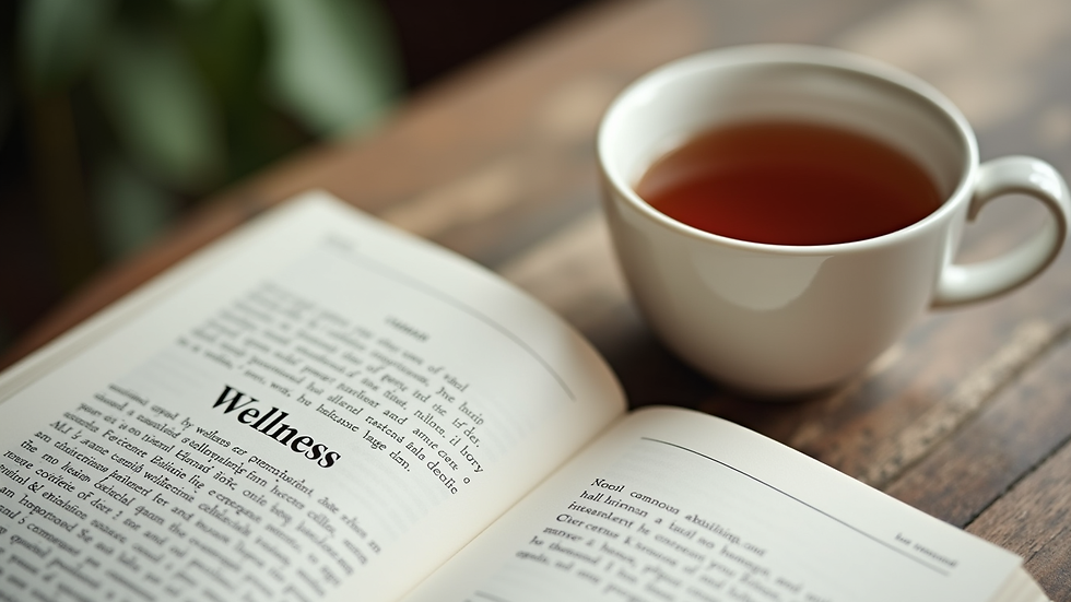Close-up view of an open wellness book with a cup of tea nearby