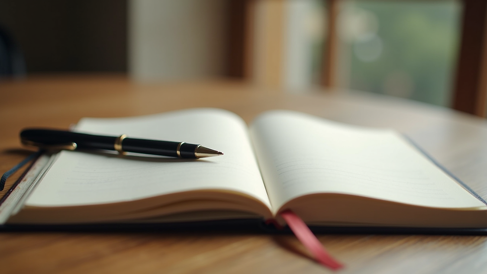 Close-up view of a journal and pen on a wooden table, symbolizing reflection and healing