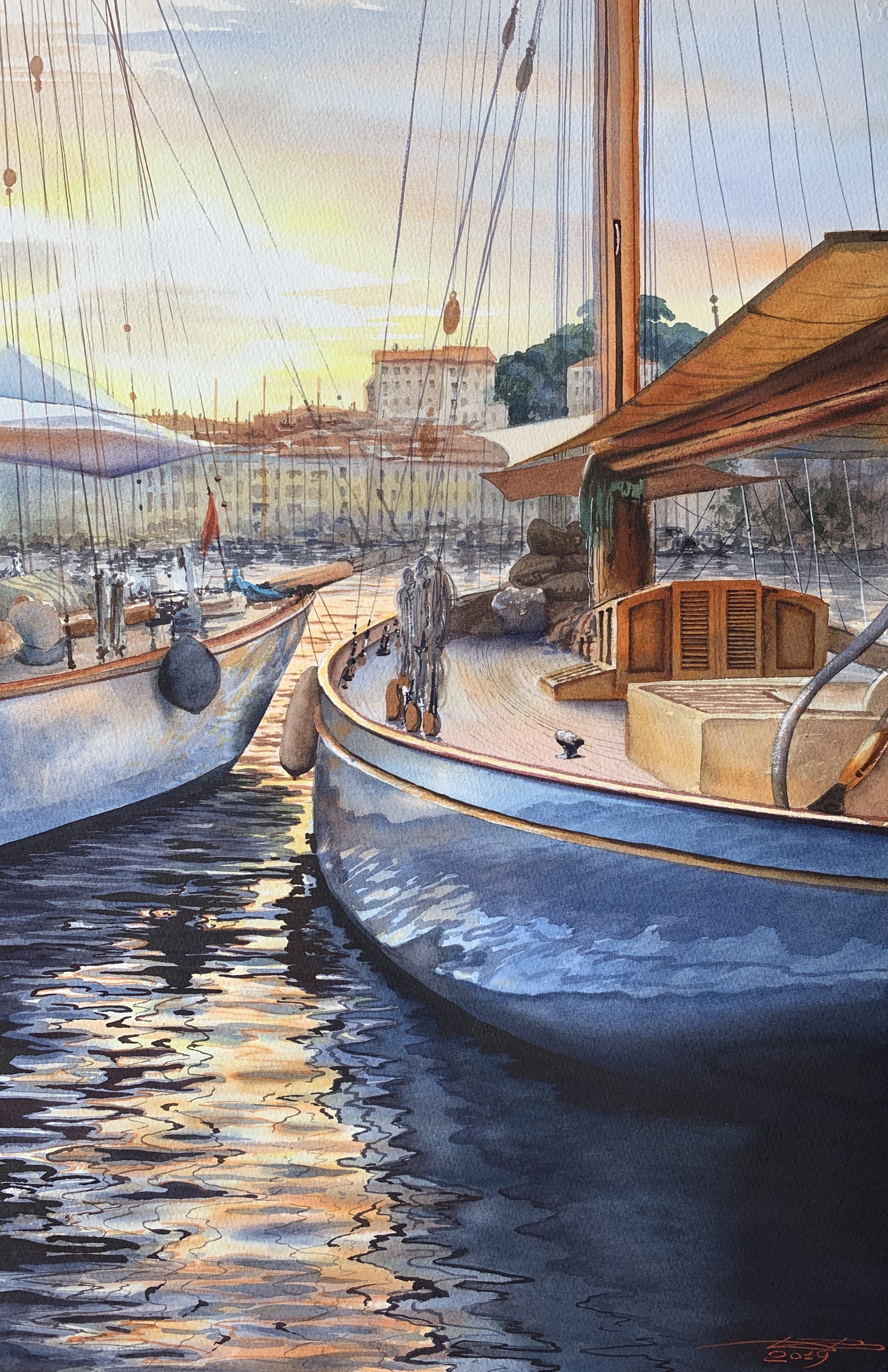 Yachts in marina. Evening.