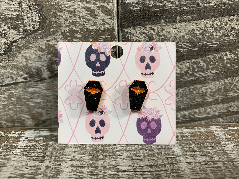 Coffin wooden stud earrings bat style!