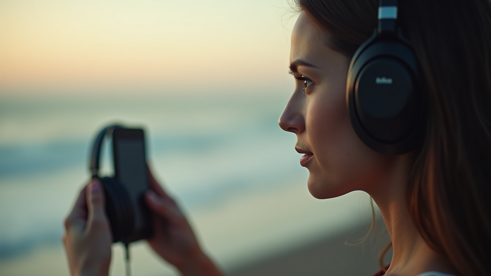 Close-up view of a person holding headphones with a serene background