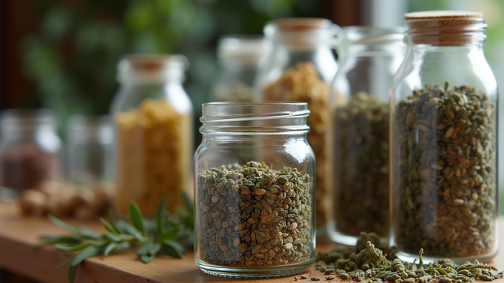 Close-up view of a variety of dried herbs in glass jars