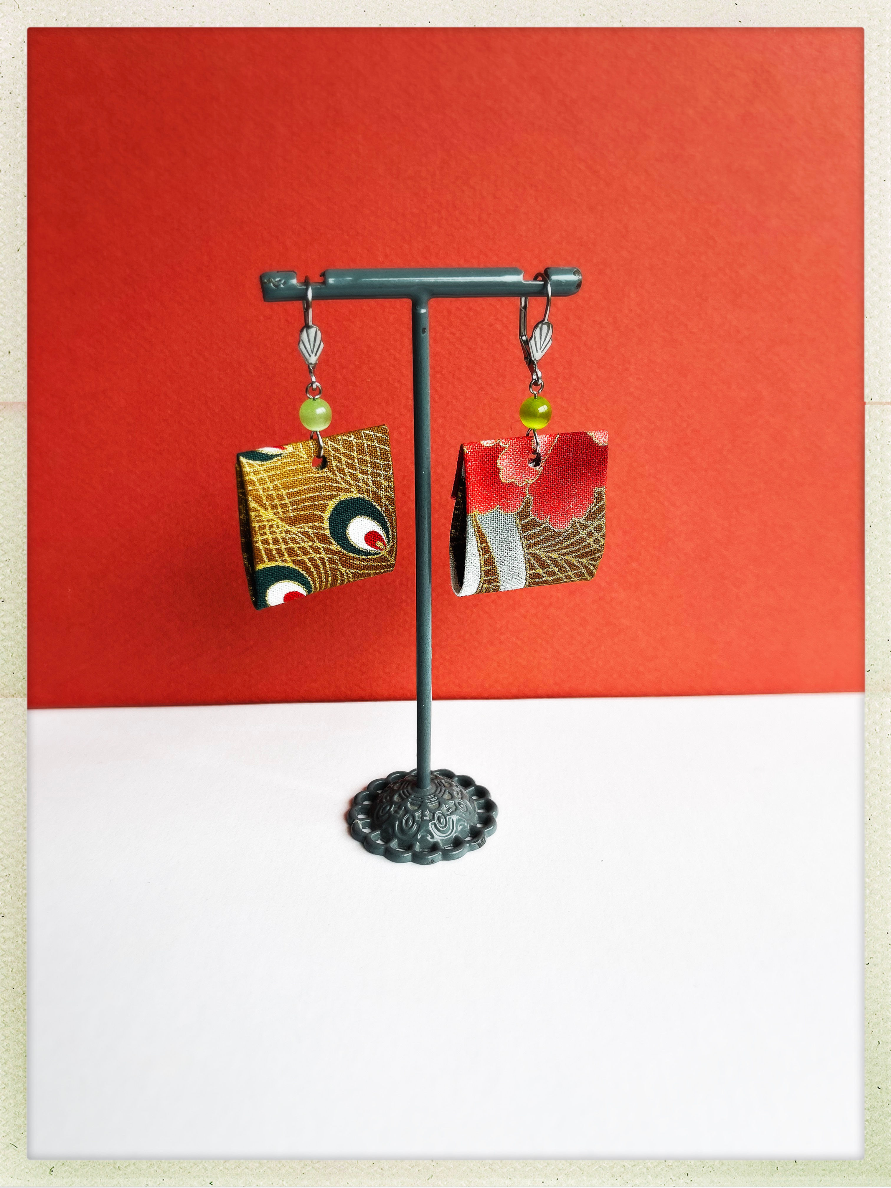 Boucles d’oreilles tissu japonais paon 