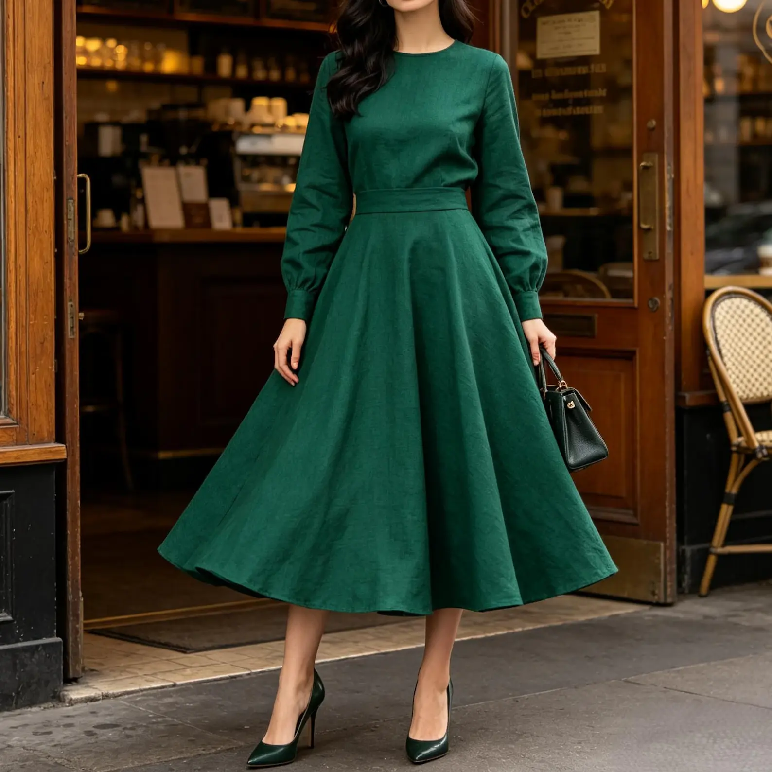 Breathable Linen A-Line Midi Dress – Long Sleeve Round Neck Dress with Pockets