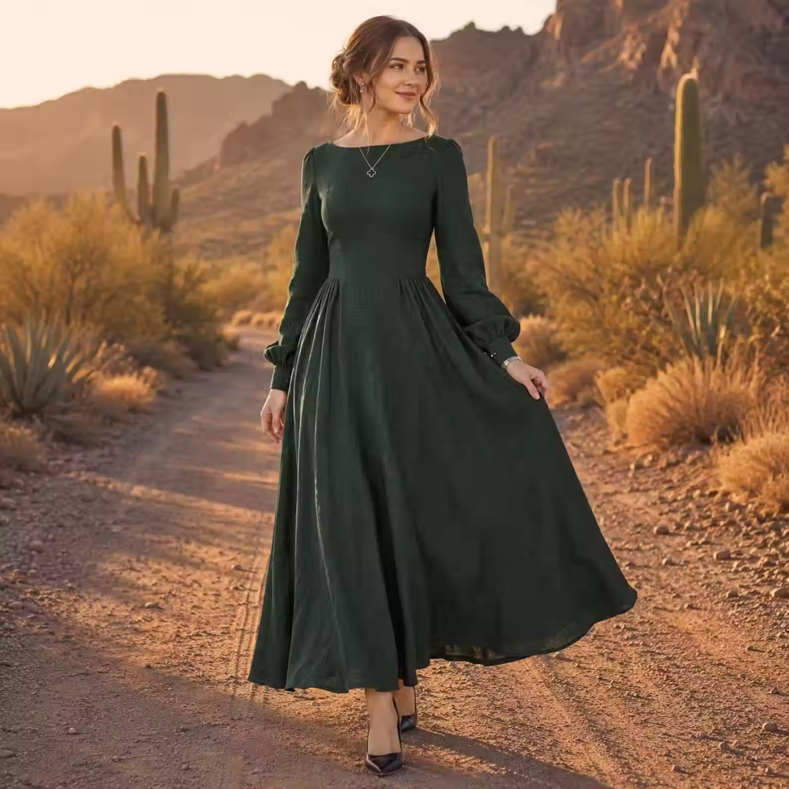 Long Sleeve Linen Maxi Dress – Elegant Full Skirt Dress with Gathered Sleeves