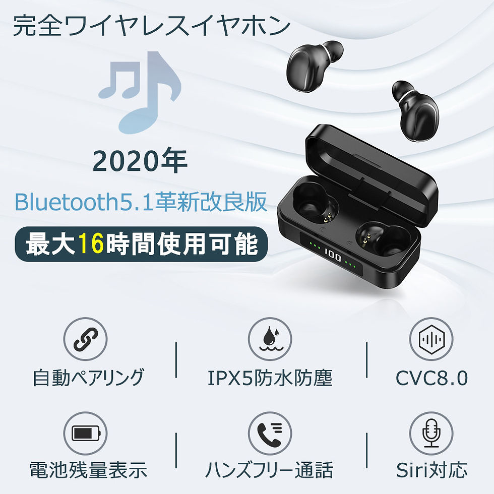サムネイル： ワイヤレスイヤホン Bluetooth5.1 イヤホン 最高音質 マイク内蔵 tws 両耳 ブルートゥース 重低音 防水 D1197-EJ-BL