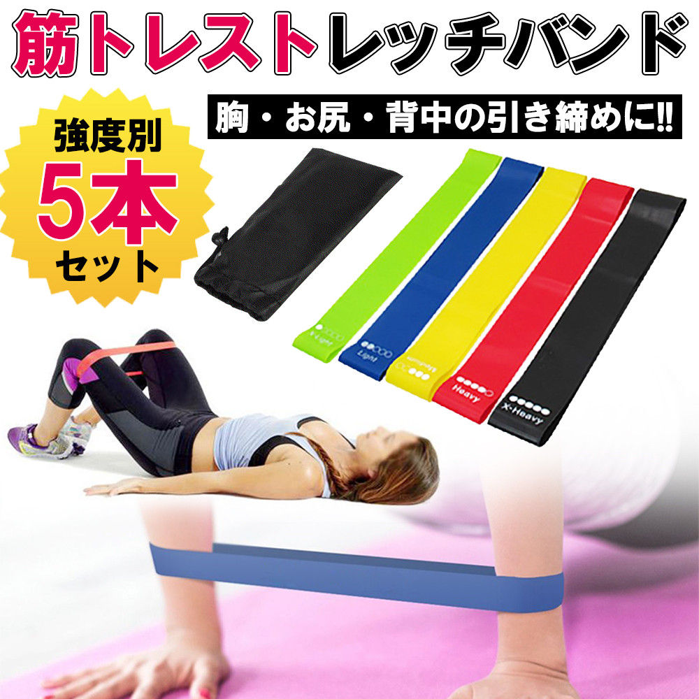 エクササイズバンド 強度別5本セット 収納袋付 運動 筋トレチューブD1001-MR