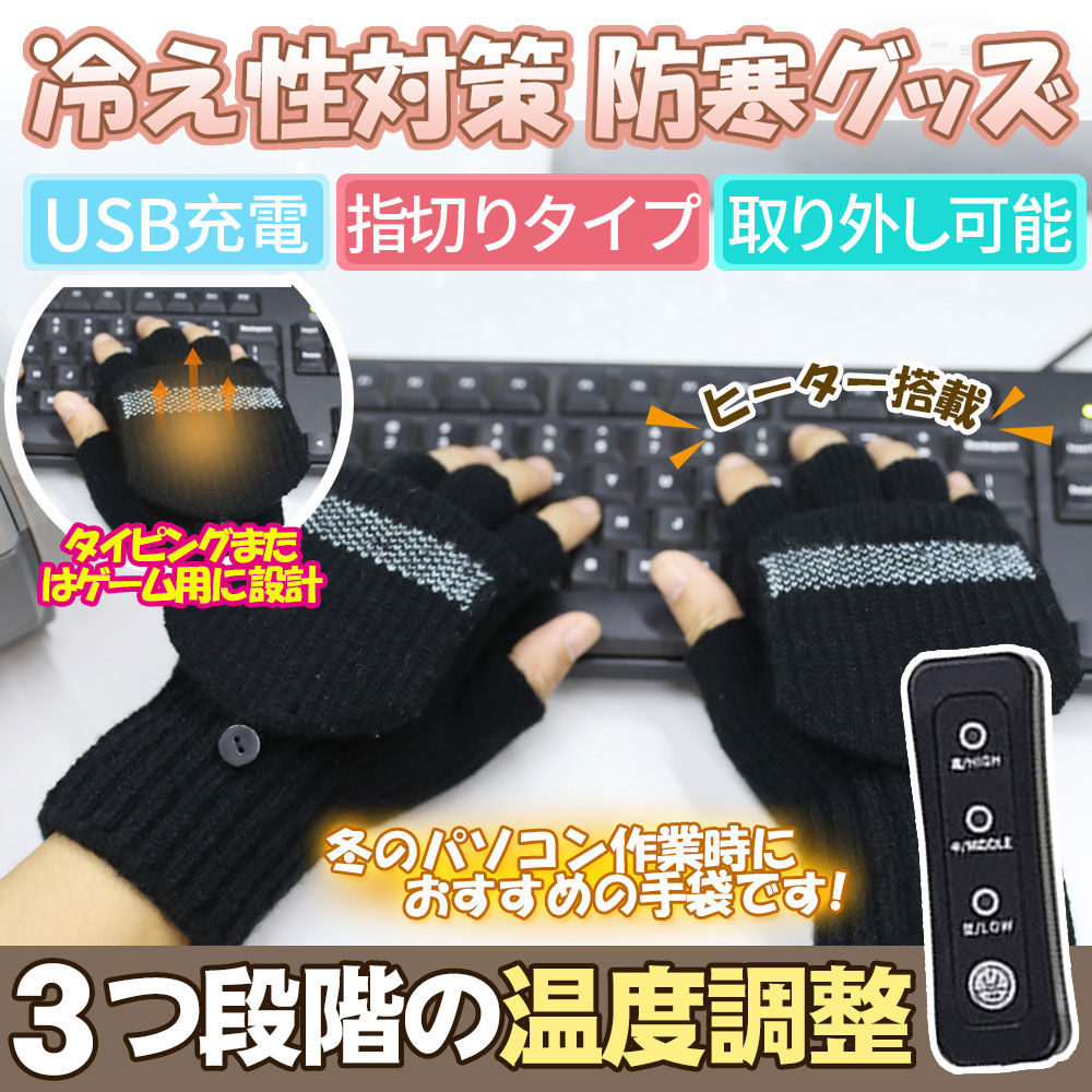 手袋 あったか手袋 加熱手袋 USB接続で加熱 洗濯可能 男女兼用 ヒーター手袋 ヒーター内蔵 ハンドウォーマー 指なし手袋 D1277-ST-BL-S