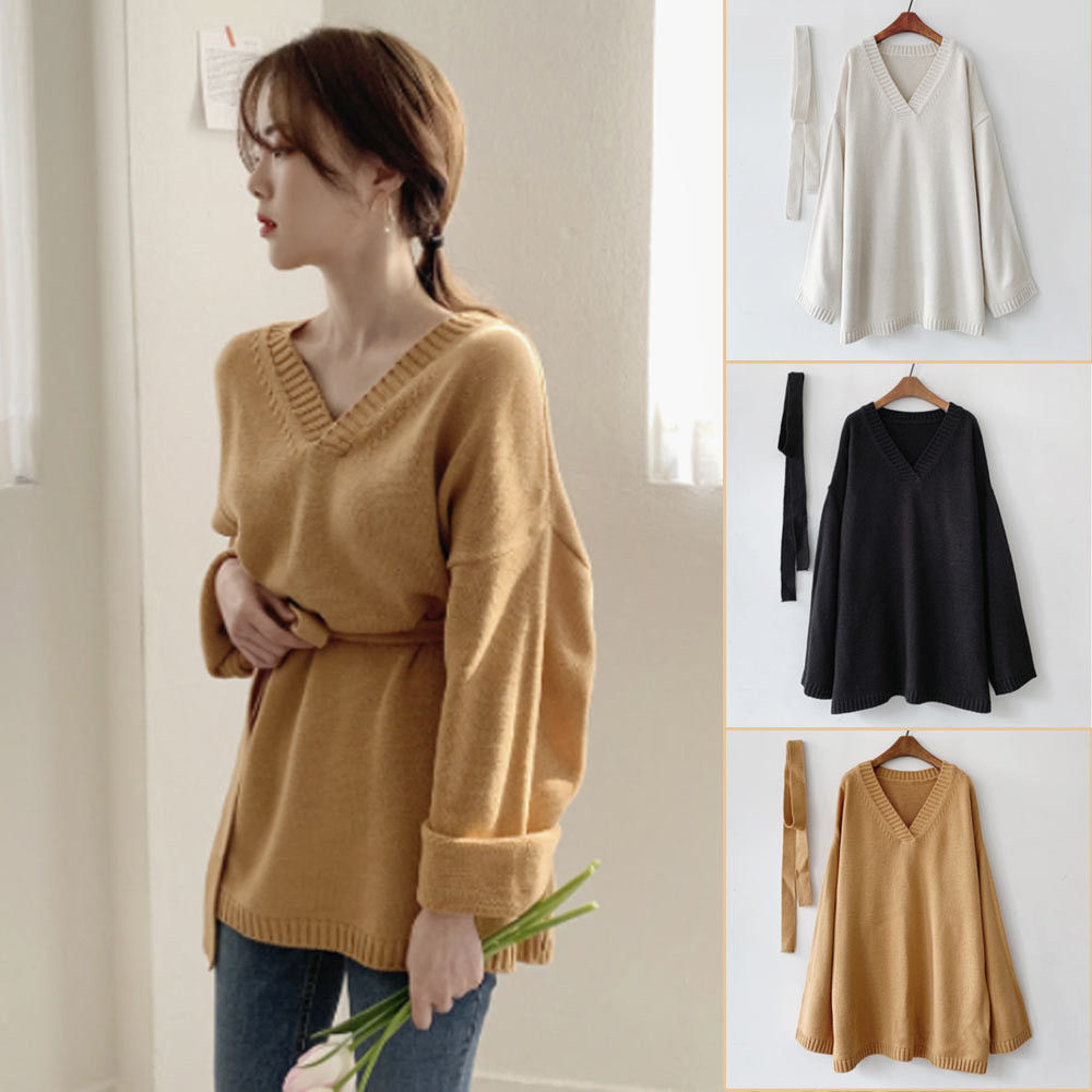 女性ヴィンテージルース ニットカーディガンとベルト V ネック包帯女性オープンステッチ セーターレースアップニット 2019 秋 アウター グループF8256