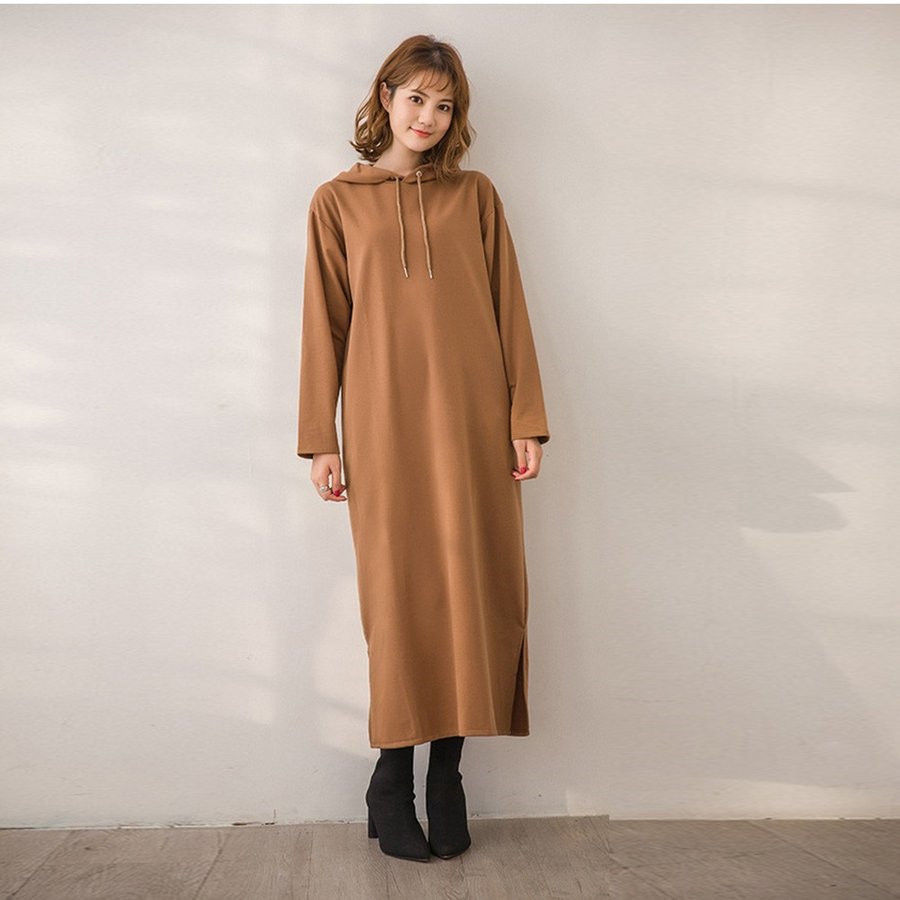 サムネイル： スウェットワンピース フーディー ワンピース レディース スウェット パーカーワンピース レディース ロング丈 フード付き 秋冬 通学 トップスF8253