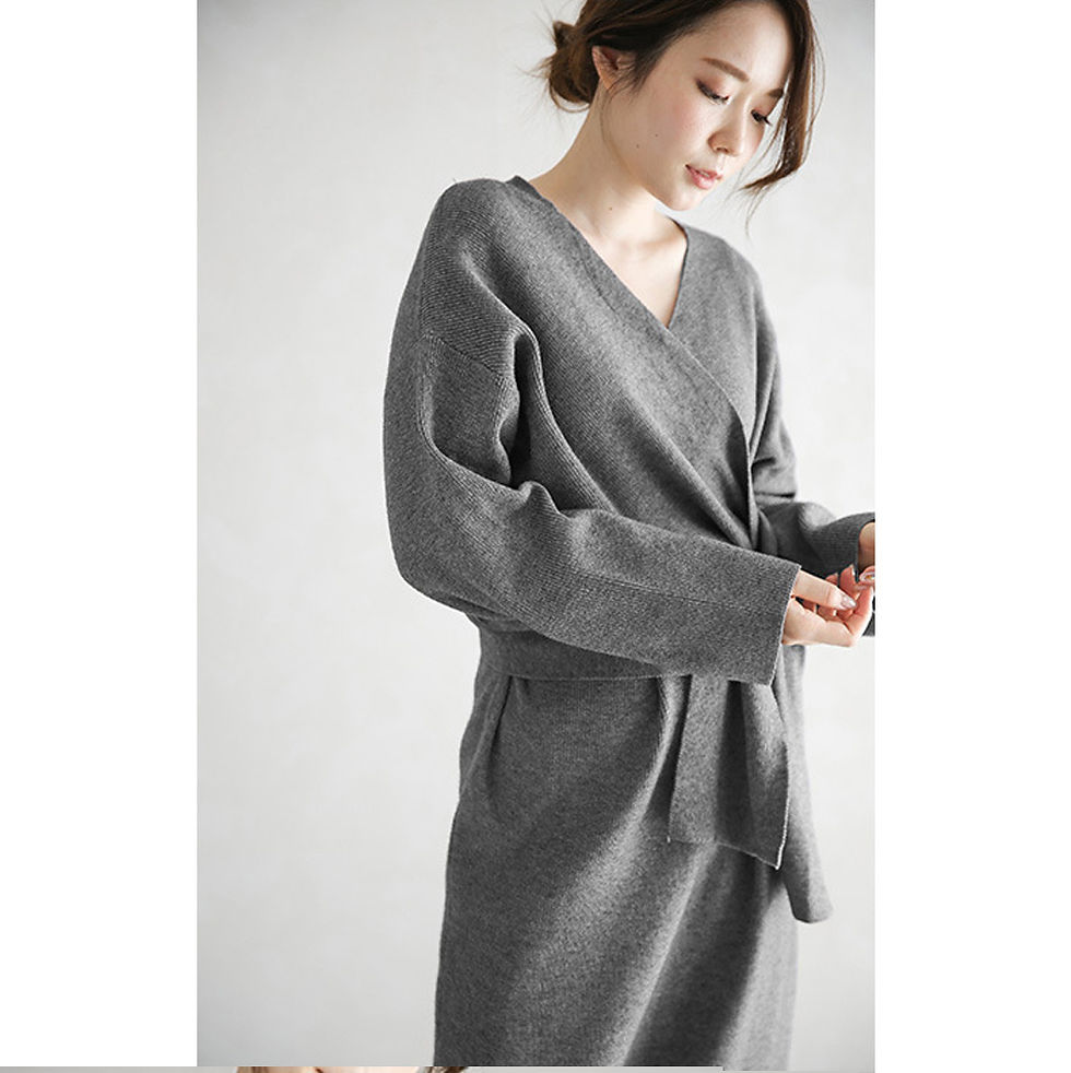 サムネイル： ニットワンピース レディース 秋冬 ロング丈 vネック ベルト付き セーター メリヤス きれいめ マキシワンピース 上品 長袖 通勤 旅行ドレスF8260