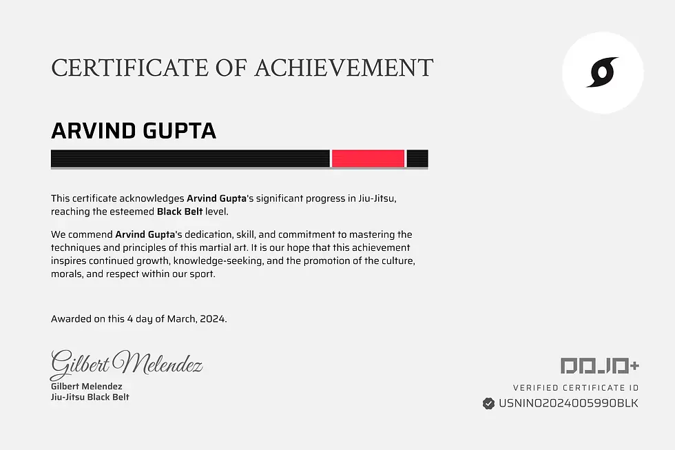 Black Belt certificate for Arvind Gupta