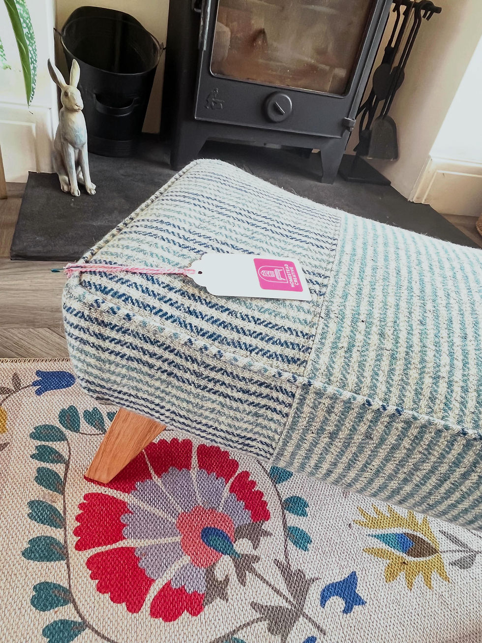 Thumbnail: Homestead Footstool 563 - Hebridean Tweed Luskentyre/Teal Shadow Stripe