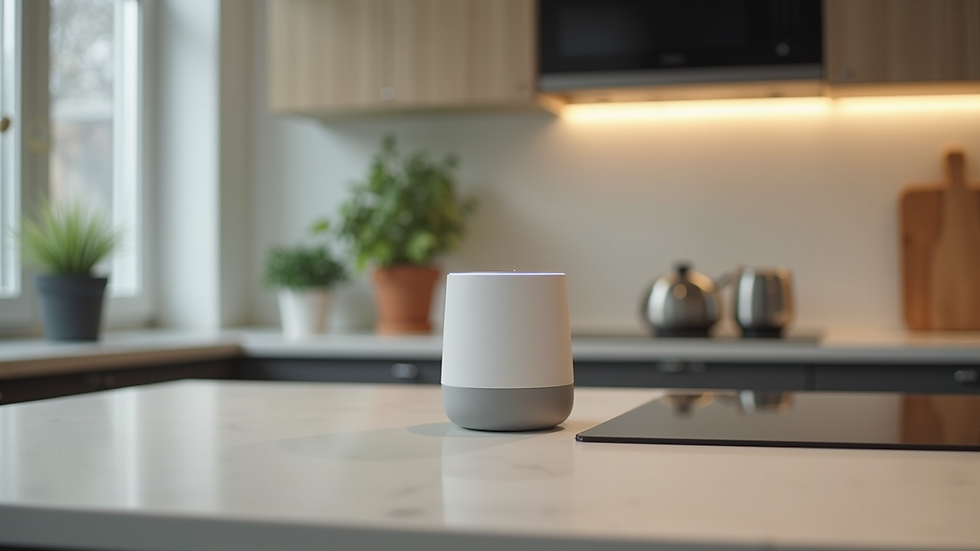 Eye-level view of a smart home assistant on a kitchen counter