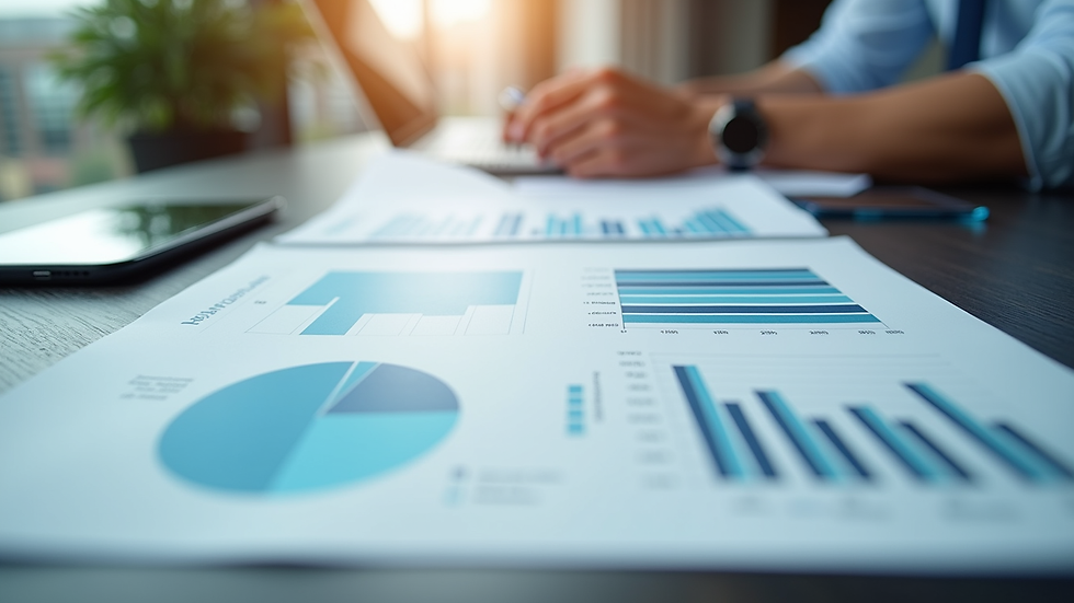 Eye-level view of a market research report with graphs and charts