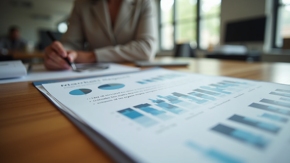Eye-level view of a market research report on a wooden table
