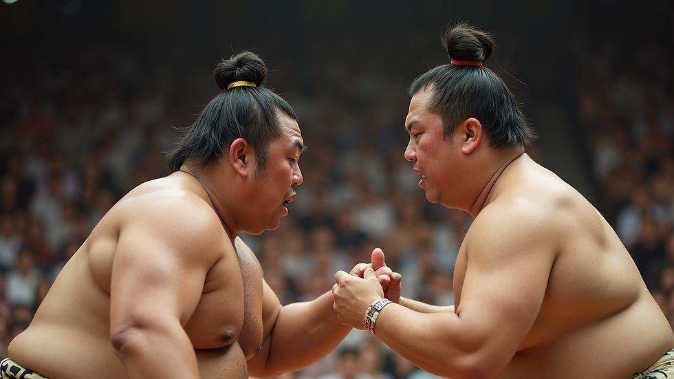 Close-up view of sumo wrestlers in a live match at Tetsujin Kai