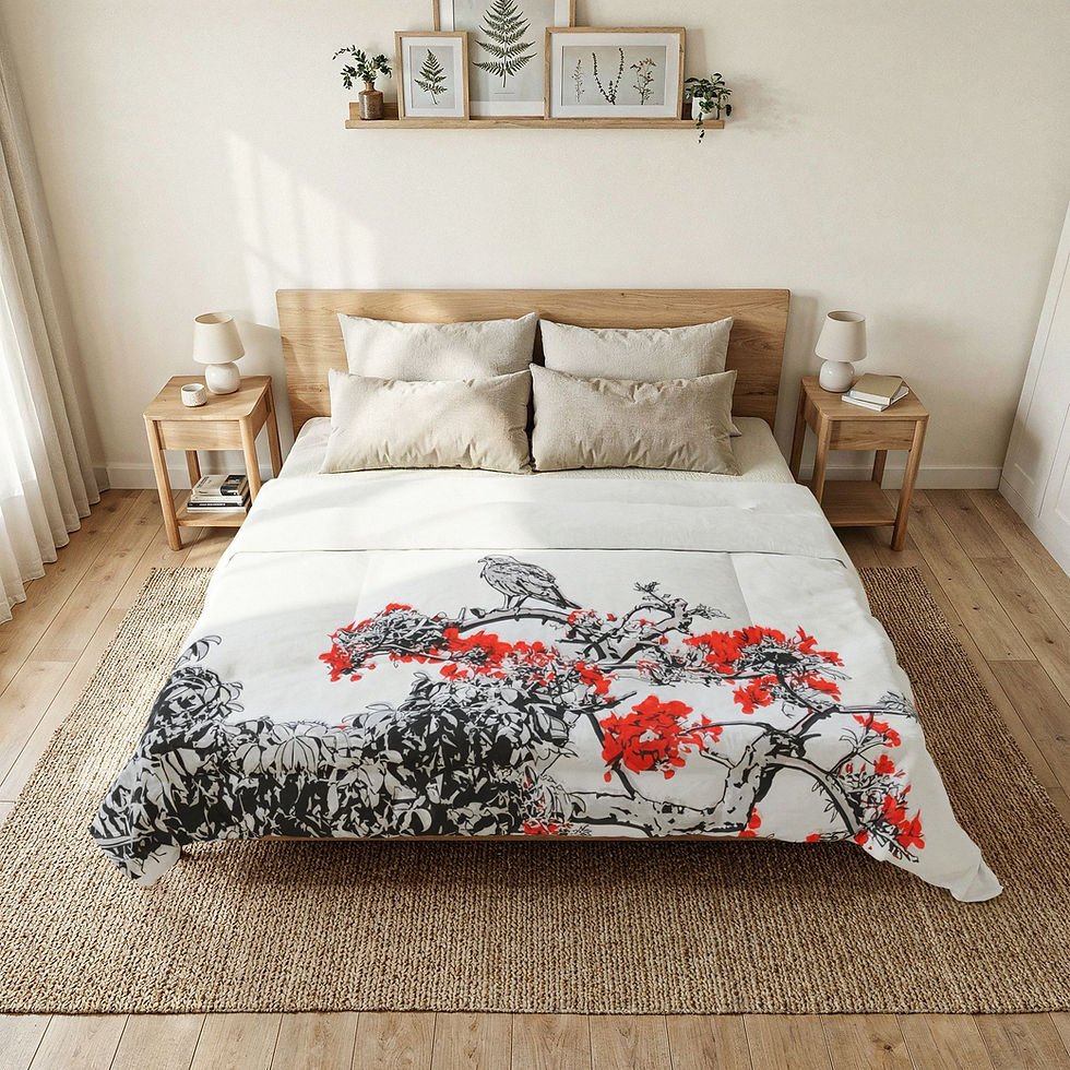 Bedroom mock-up with Comforter Osprey in Poinciana Tree - red blossoms and back drawing of Osprey in tree