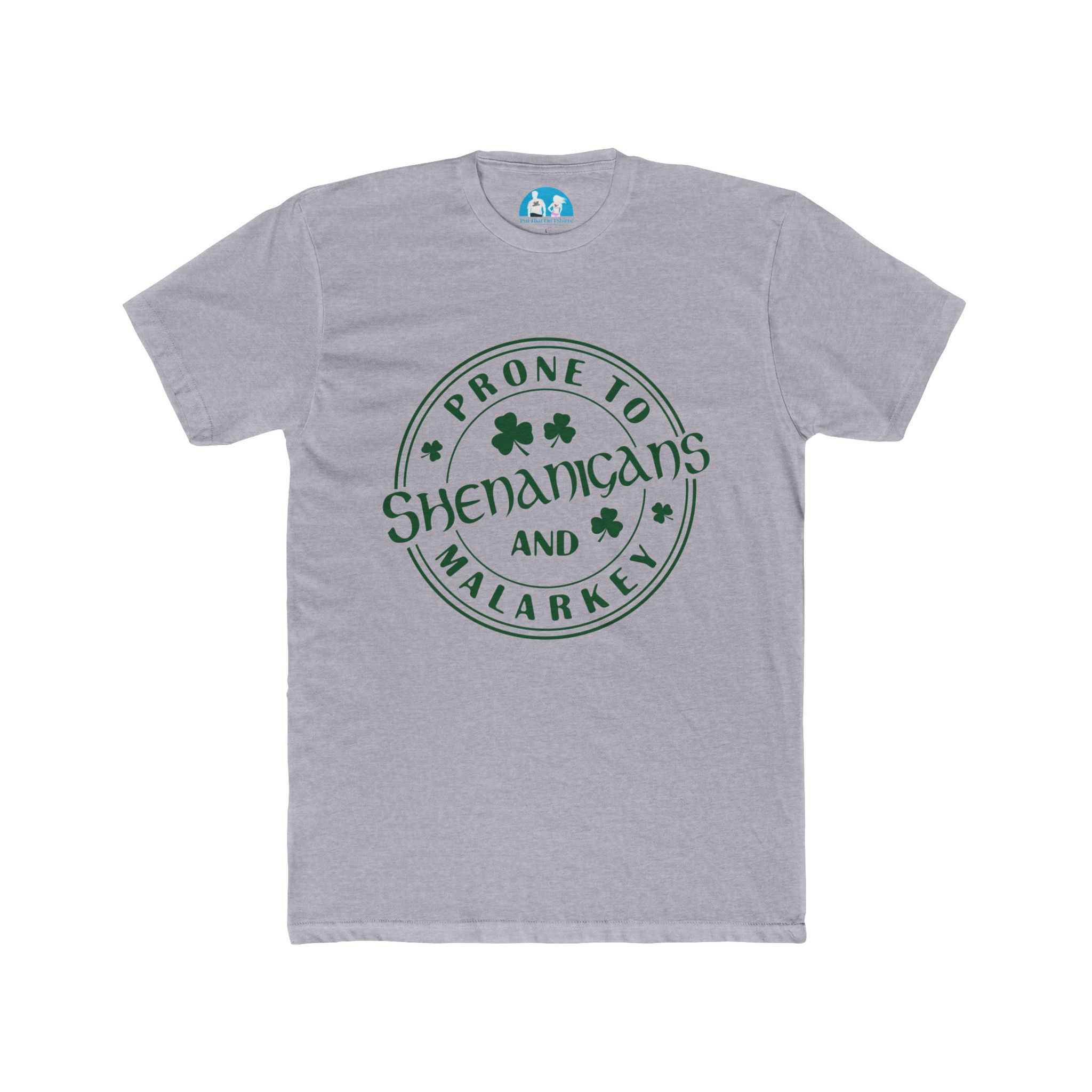Grey Shenanigans and Malarkey Graphic Tee with shamrocks.