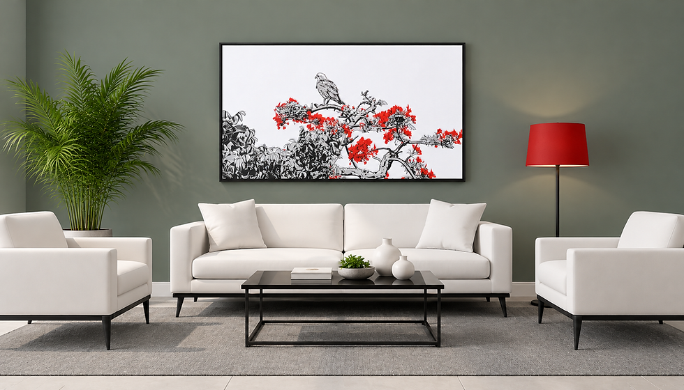 Osprey in Poinciana Tree artwork above a white sofa